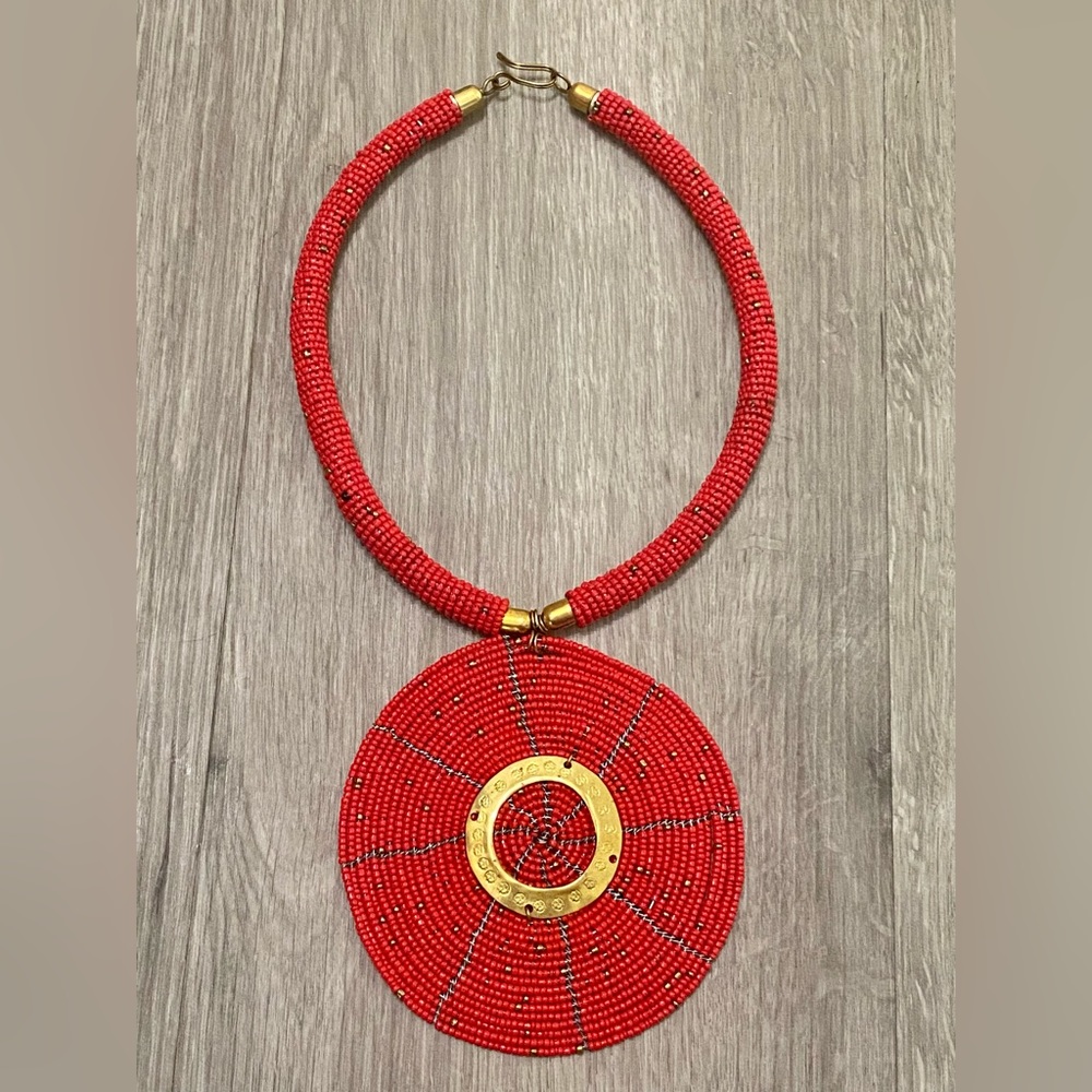 African Red Bead Statement Necklace